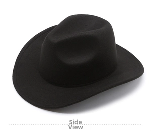 Detailed 45-degree side view of black wool felt cowboy hat with structured brim