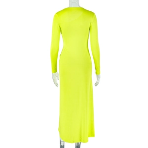 Detail of the neon yellow long sleeve dress showing slim fit silhouette and ruched texture