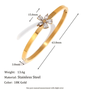 18K gold plated stainless steel flower bangle with white zircon crystals for women