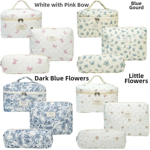 Detailed close-up of quilted floral cotton makeup bag set with gold zipper and labels