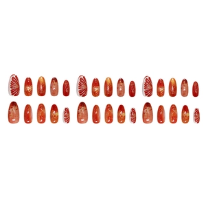 3D red shimmer flower press on nails with orange marble design and gold glitter accents