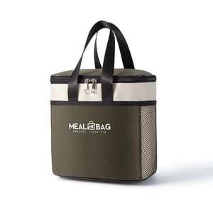 Insulated meal bag in army green and beige oxford cloth with dual zippers and side mesh pocket