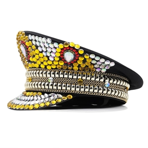 Black military party hat with colorful rhinestones and gold chains for stage performance