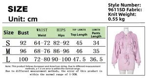 Size chart detail for women long sleeve hoodie and shorts fleece set in knitting fabric