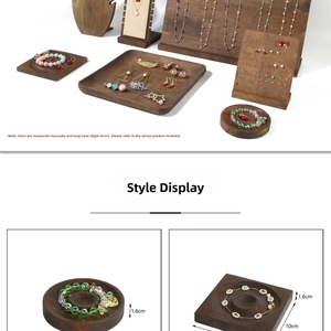 Macro view of walnut color wood jewelry display tray set showing detailed dimensions