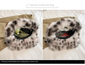 Detail of plush leopard print handbag interior featuring a secure zipper pocket and large capacity