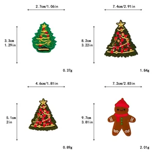 Detailed size chart for Christmas tree and gingerbread man embroidered iron-on patches