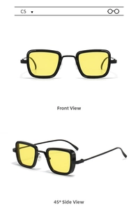 Front and 45-degree angle view of vintage thick black square frame sunglasses with yellow lenses