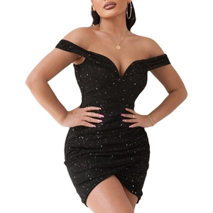 Elegant black glitter off-shoulder bodycon mini dress with V-neck and ruched slit detail
