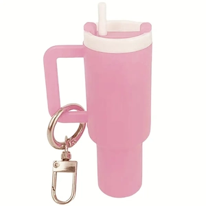 Pink silicone Stanley tumbler keychain holder with handle and metal clip