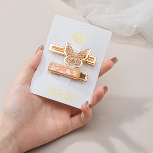 Elegant gold butterfly hair clip set with rhinestones and pink marble rectangle hairpins