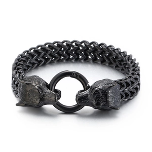 Men's black titanium steel bracelet featuring double wolf head clasp and braided chain