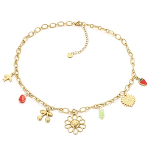 Gold stainless steel necklace featuring colorful resin daisy, cherry and strawberry charms