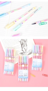 Detail of 0.8mm rainbow gel pens in clear barrels showing multi-color layered ink