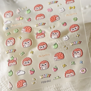 Cute 3D embossed hedgehog nail art stickers with strawberry and fruit designs FEB-642