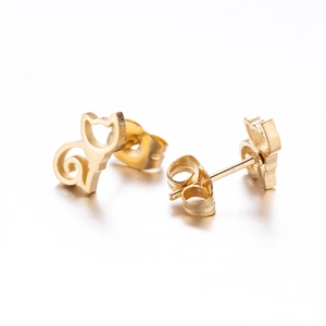 Vintage golden stainless steel hollow cat stud earrings with butterfly backs for women