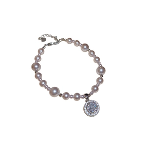 Zircon round pendant pearl bracelet with natural pink-purple pearls and lobster clasp