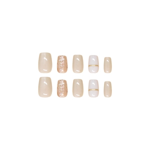Short square press-on nails in white cat-eye and gold glitter with nude beige accents