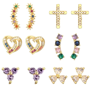 Copper Gold Plated Stud Earrings Heart Cross Star Multi Color Cubic Zirconia Trendy Minimalist Women Jewelry Accessory