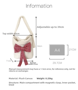 Detailed size guide of white plush tote bag with red bow including fabric and dimensions