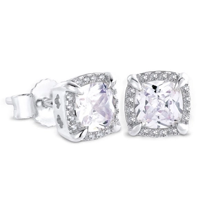 Iced out square stud earrings for men with silver finish and micro pave cubic zirconia