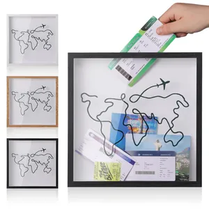 Detail view of travel shadow box with world map wire art for ticket storage