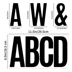 Detailed dimension chart for 6-inch waterproof black alphabet letters and symbols