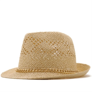 Strohhut Fedora Hut Hohl Atmungsaktiv Goldene Kette Dekor Sommer Strand Lässiger Sonnenschutzhut Für Damen Und Herren