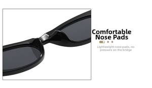Detail view of comfortable nose pads on black oval sunglasses for a pressure-free fit
