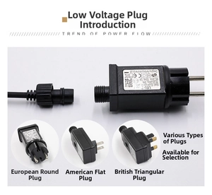 Three low-voltage LED power adapters in EU, US, and UK plug standards with IP44 protection