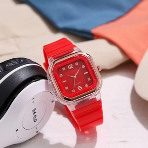 Fashion red square quartz watch for women with silicone strap and rose gold metal frame