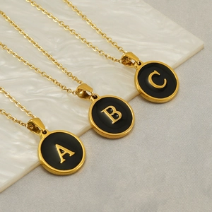 Initial Pendant Necklace 18K Gold Plated 304 Stainless Steel Round Black Enamel Letter Fashion Jewelry For Women
