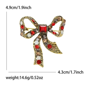 Vintage bronze alloy bow brooch with colorful rhinestones and size dimensions