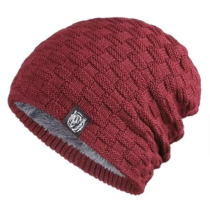 Burgundy knitted beanie with thick fleece lining and grid texture pattern for winter warmth