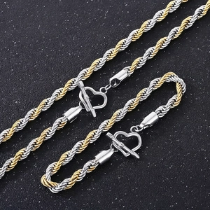 Zweifarbige Edelstahl Halskette Armband Twist Seilkette Mit Herz Knebelverschluss Modeschmuck Für Damen Herren