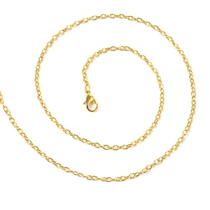 Golden stainless steel oval link chain necklace with secure lobster clasp on white background