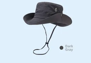 Detailed side view of dark grey sun hat with breathable vents and adjustable wind cord
