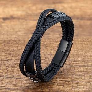 Men's multi-layer black braided leather bracelet with black stainless steel magnetic clasp