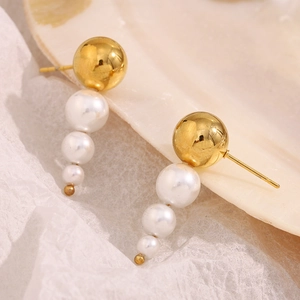 Elegant 18K gold plated stainless steel stud earrings featuring three white pearls
