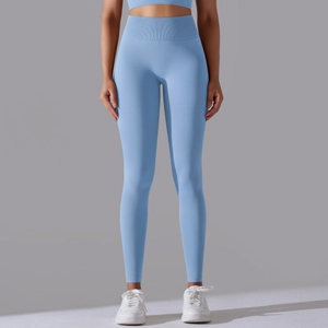 Seamless high waisted light blue yoga leggings for women with ribbed tummy control