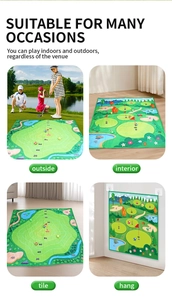 Multiple views showing golf chipping mat used on outdoor grass and indoor wall hanging