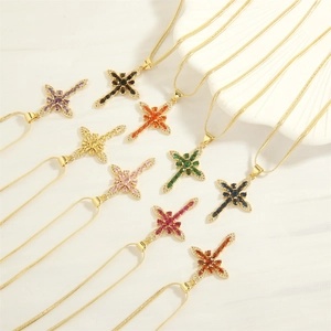 Cross necklace featuring colorful pear-shaped zirconia stones on 18K gold snake chain