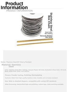 Detailed chart showing stainless steel box chain specs in gold, silver, and black colors