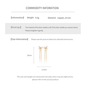 Detailed size specifications for zircon bow tassel earrings with weight and length dimensions