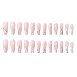 Faux ongles cercueil longs avec motif marbre rose et lignes dorées lot de 24pcs