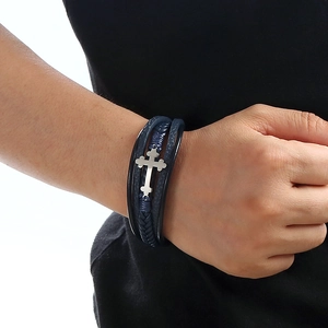 Navy blue multi-layer braided leather bracelet for men with silver cross charm ornament