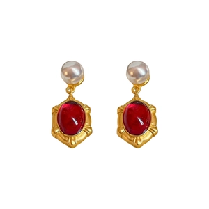 Vintage palace style oval resin drop earrings with faux pearls and ruby red faceted gems