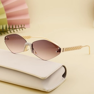 Frameless geometric sunglasses with brown gradient lenses and diamond-studded bridge
