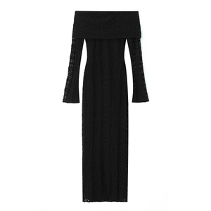 Robe maxi élégante en dentelle noire à épaules dénudées avec manches longues et coupe