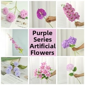 Close-up of purple silk hydrangea flowers with realistic petals and textile texture